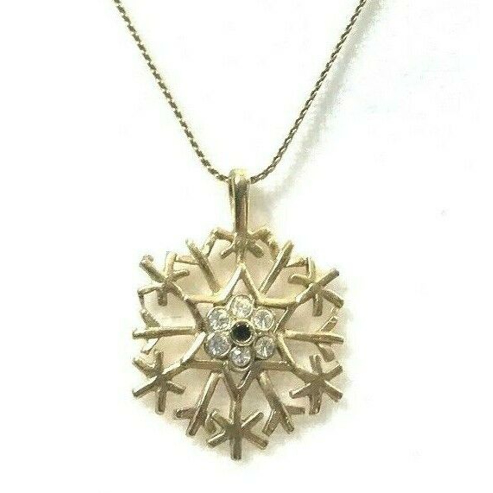Star Snowflake Necklace‎ Rhinestones Black Stone Center Goldtone Chain Jewelry